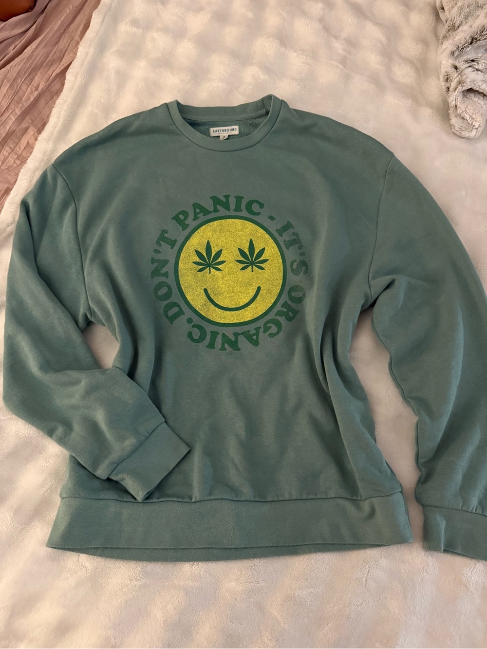 EARTHBOUND Sage Green Crewneck with Yellow Smiley Graphic
